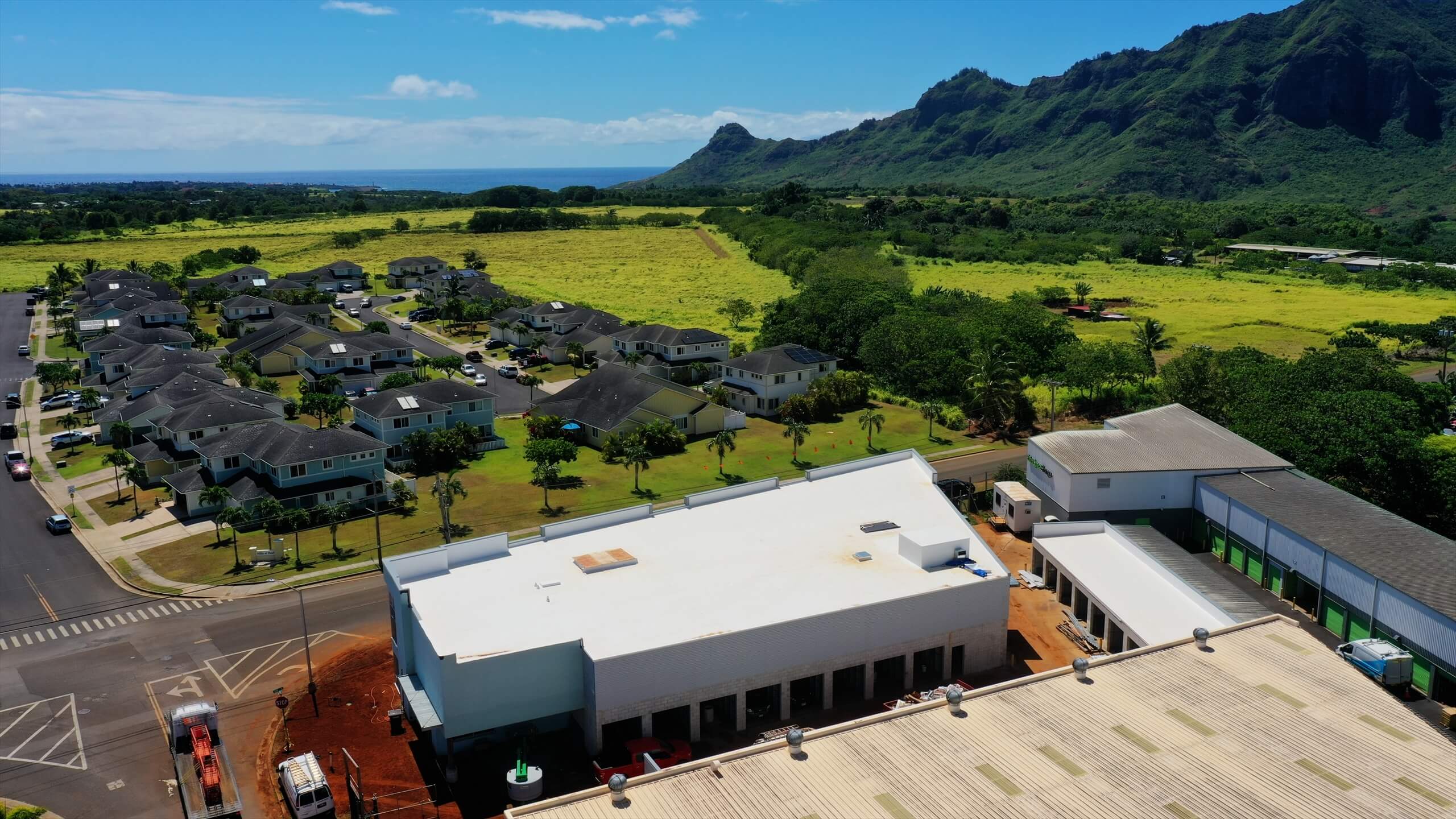 An aerial shot of local homes with roofing done by Kokua.