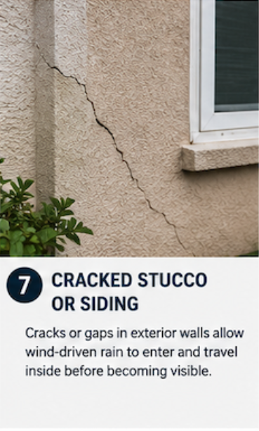 Cracked exterior stucco or siding where wind-driven rain can enter the home