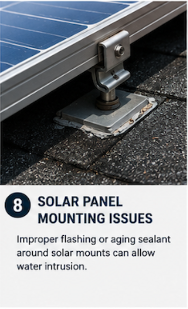 Solar panel mounting hardware on a roof where penetrations may allow water intrusion