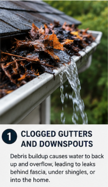 Clogged gutters overflowing with rainwater on a residential roof