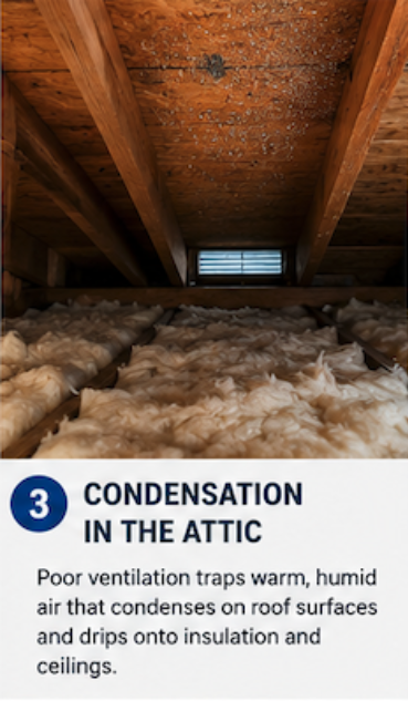 Moisture and condensation inside an attic caused by poor ventilation