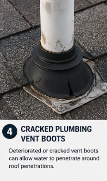 Plumbing vent boot on a roof that may need flashing or sealant repair