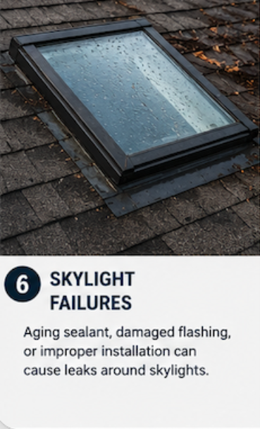 Skylight on a roof where sealant or flashing issues can cause leaks