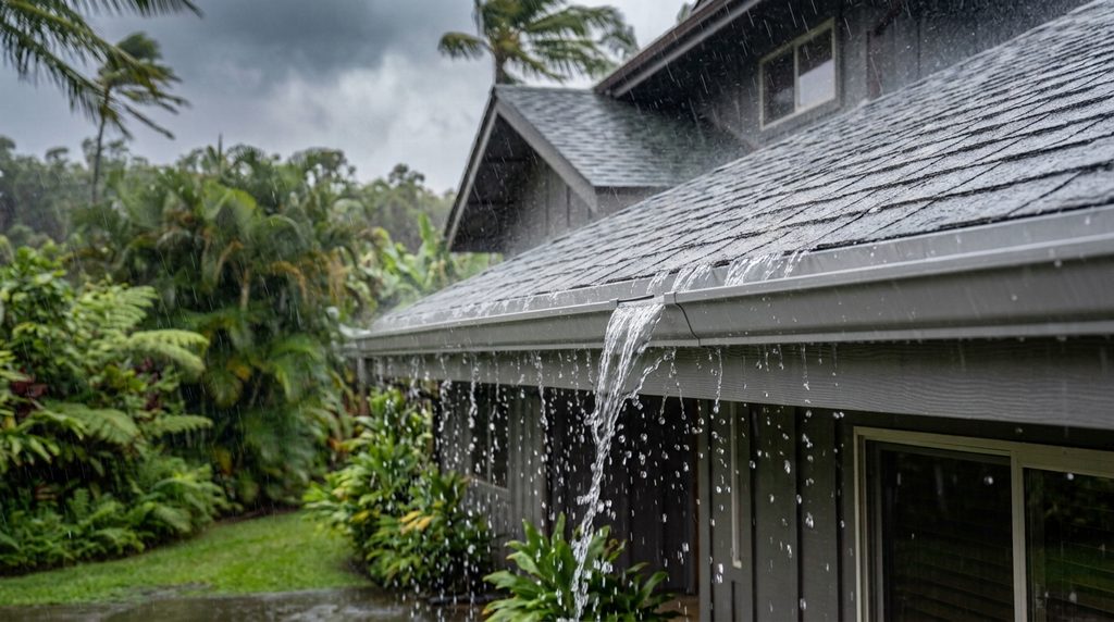 Gutter overflowing during heavy rain.