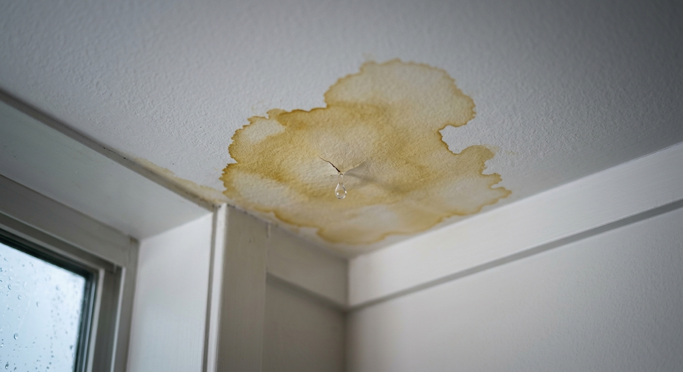 Ceiling water stain from a roof leak.