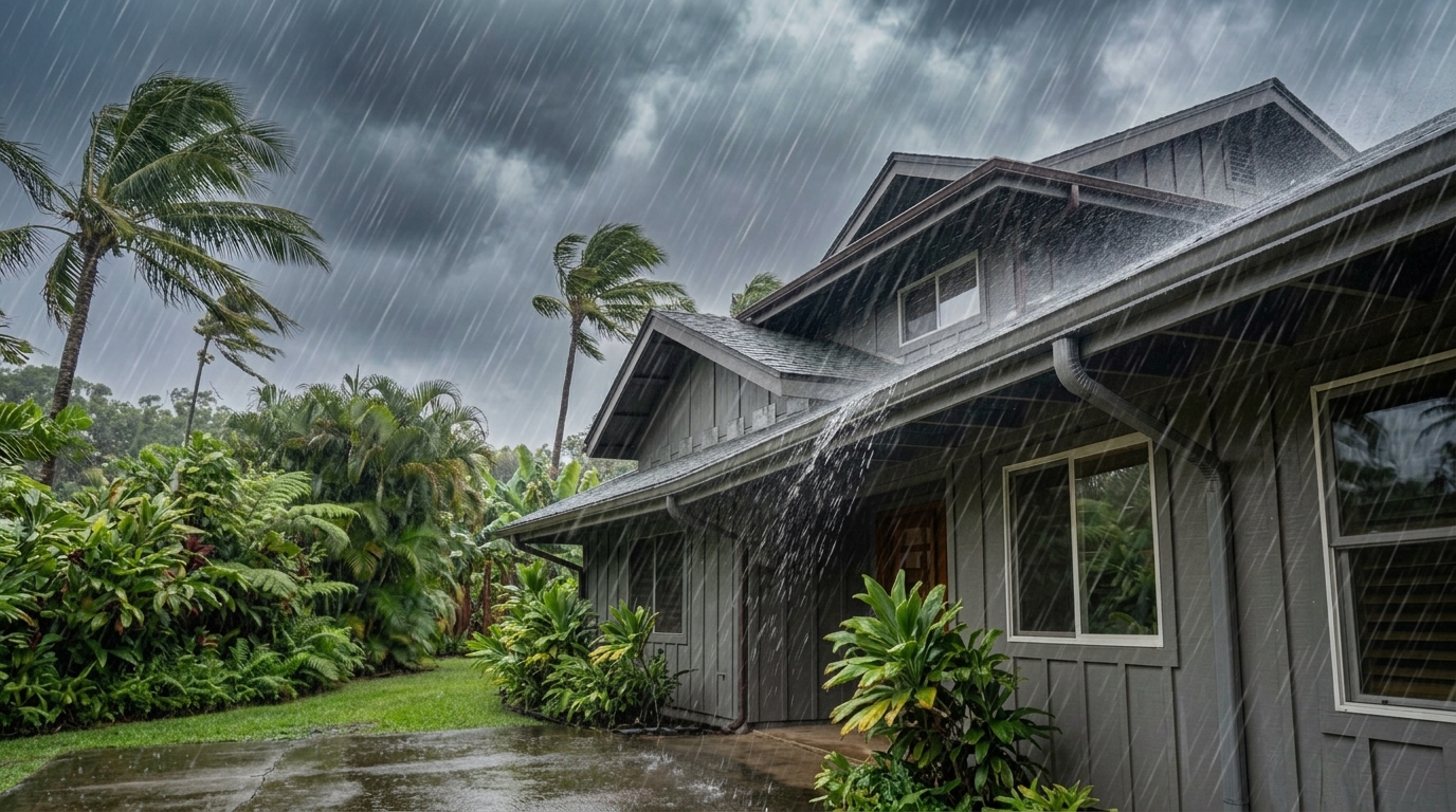Wind-driven rain hitting a Hawaii home during a storm.